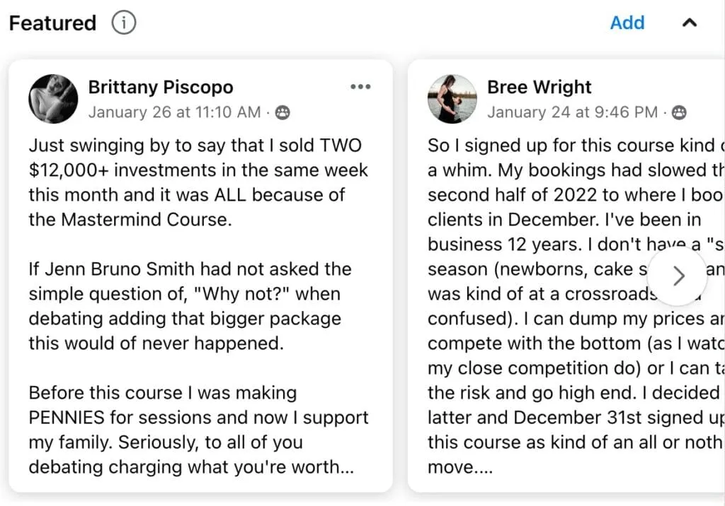 facebook group testimonials for photographers