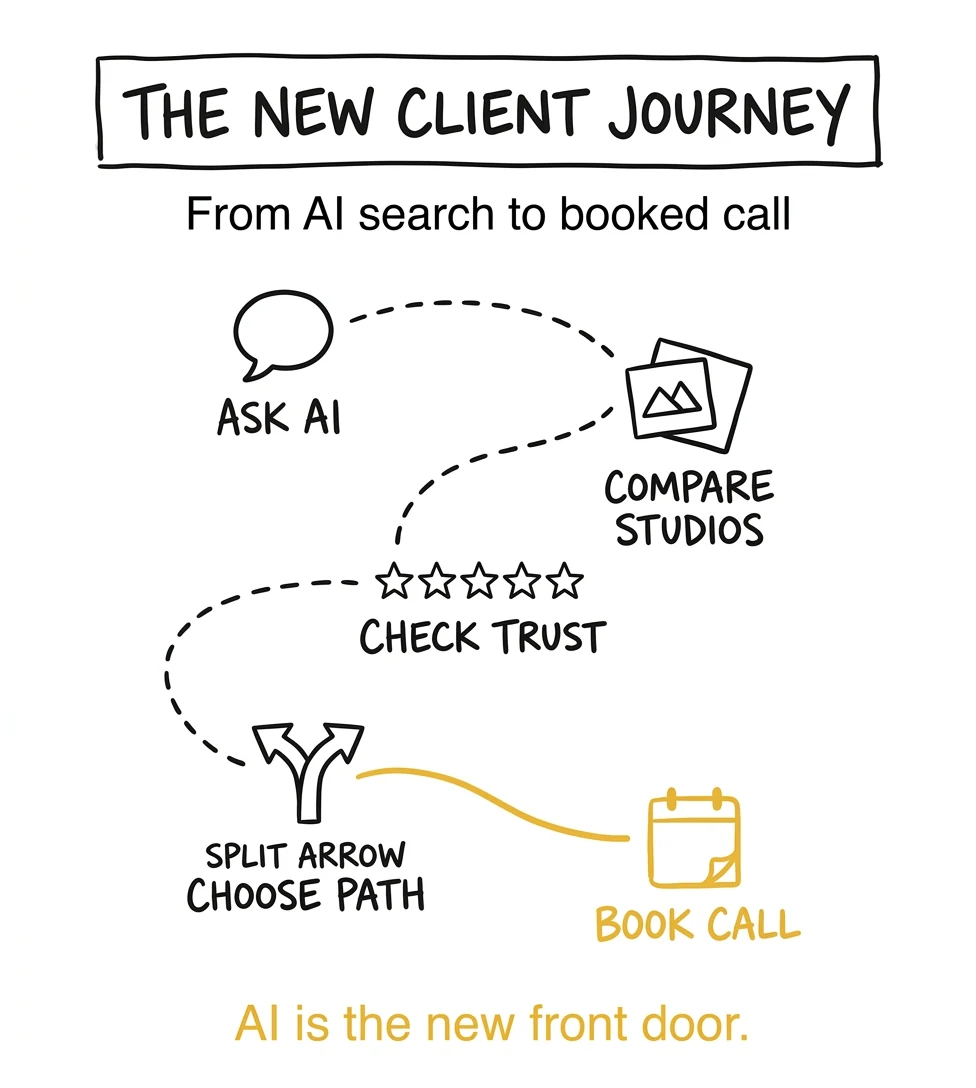 Hand-drawn infographic showing the new client journey from asking AI to comparing studios to checking trust to choosing a path to booking a call