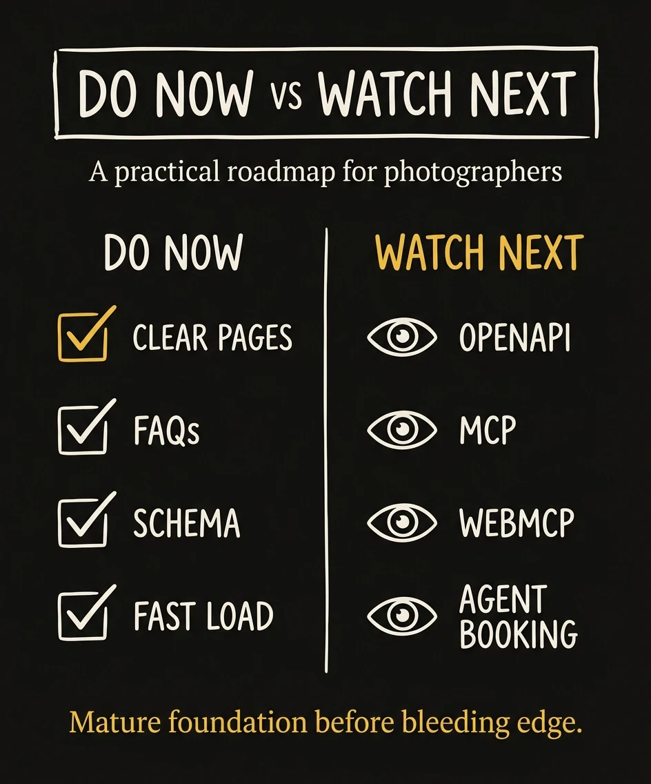 Dark editorial diagram comparing what photographers should do now (clear pages, FAQs, schema, fast load) versus what to watch next (OpenAPI, MCP, WebMCP, agent booking)