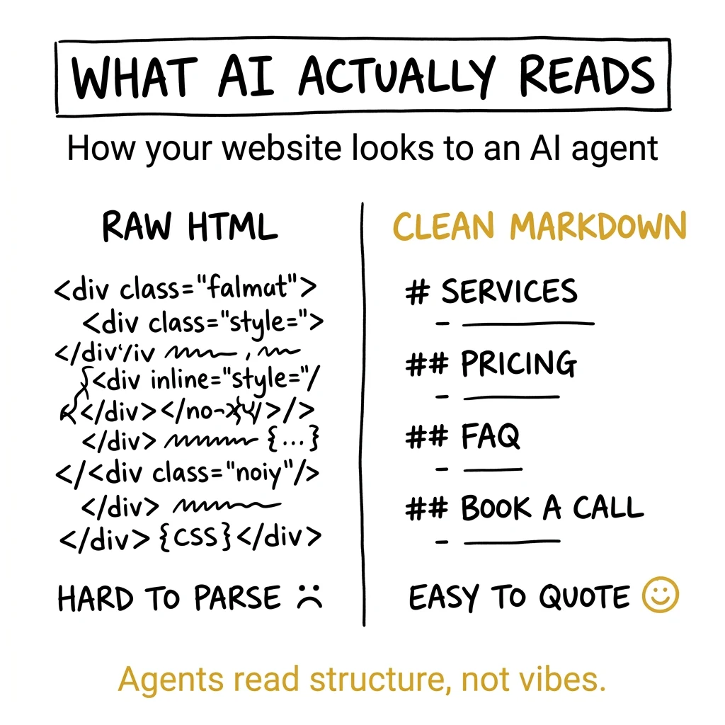 What AI actually reads: a side-by-side comparison of tangled raw HTML versus clean structured markdown — the same page, two completely different experiences for an AI assistant