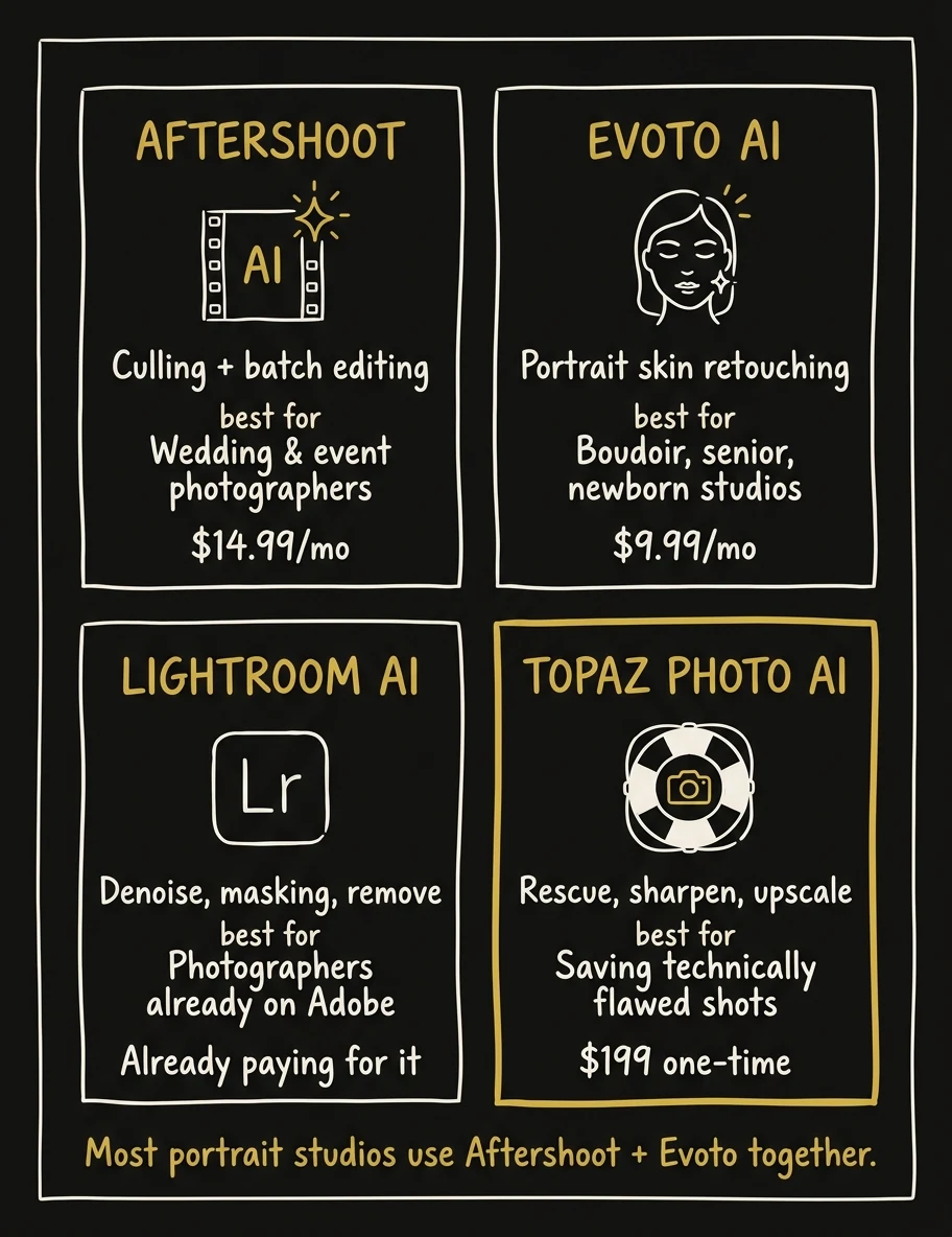 4 AI editing tools comparison for photographers — Aftershoot, Evoto, Lightroom, Topaz