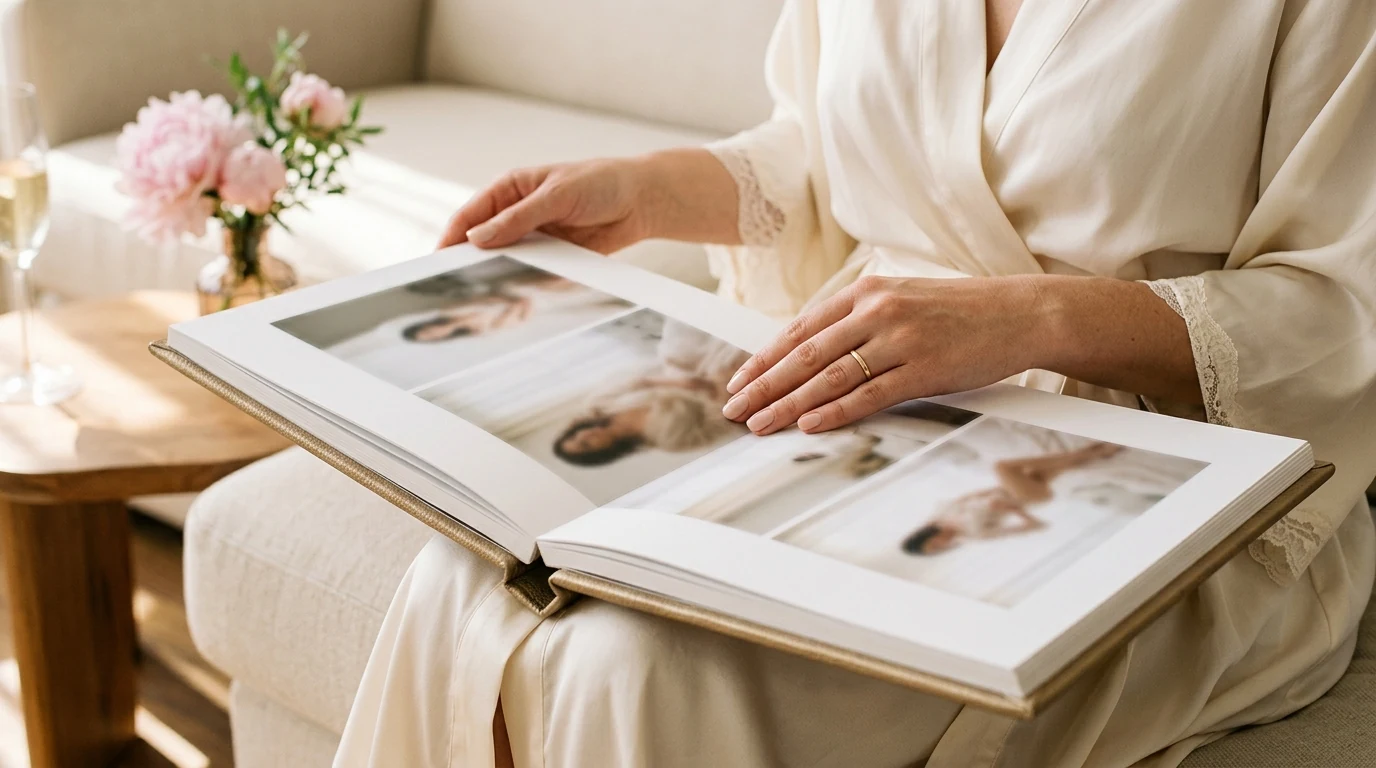 Woman's hands holding open a luxury leather-bound boudoir album on her lap, gold ring, cream silk robe, pink peonies in background — the finished product of a boudoir experience