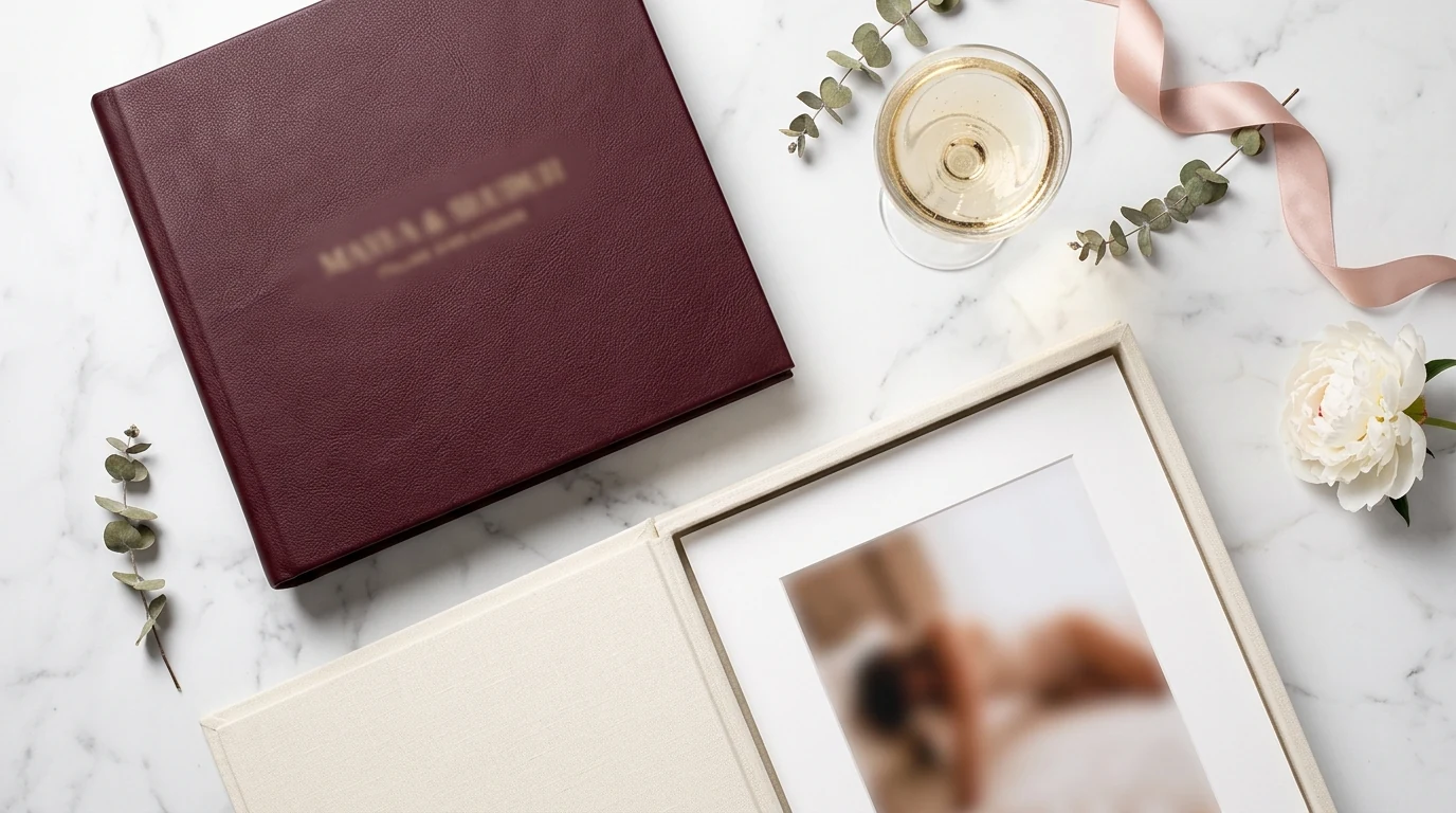 Luxury boudoir deliverables flat lay: deep burgundy Italian leather album, cream linen keepsake box with matted print, champagne glass, eucalyptus sprigs on white marble