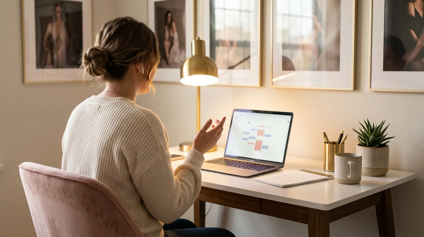 Boudoir photographer on a consultation call at a styled home office desk, back turned, laptop showing scheduling calendar, brass desk lamp, gallery wall of framed boudoir prints