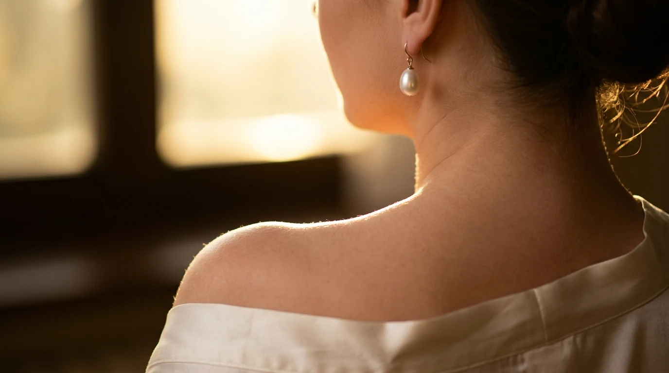 Intimate boudoir detail shot: pearl drop earring and bare shoulder with silk robe, golden backlight creating a luminous rim — elegant and tasteful