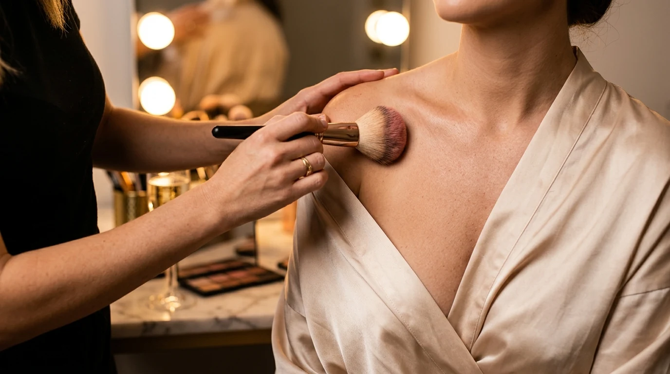 Behind-the-scenes of a boudoir session: makeup artist applying blush to a client's shoulder and collarbone with a powder brush, silk champagne robe, vanity mirror bokeh