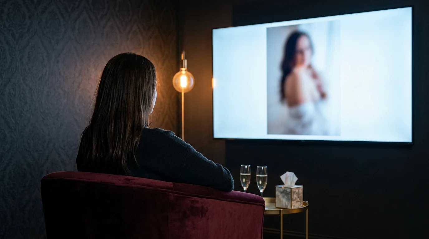 Woman viewing her boudoir portraits during an In-Person Sales reveal appointment in a dimly lit luxury studio with champagne