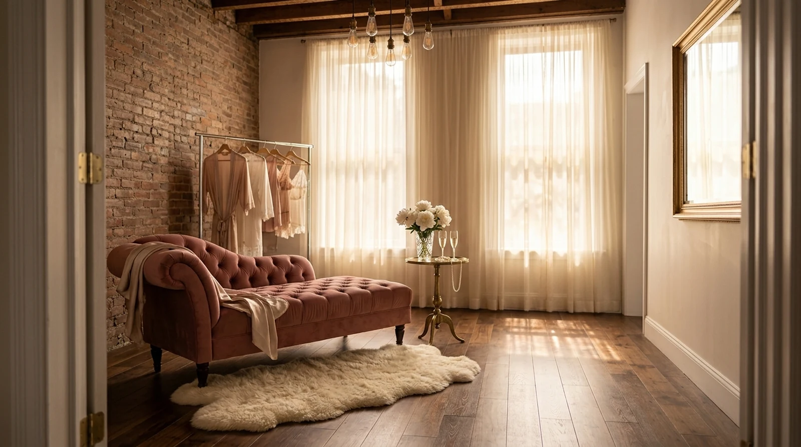 Luxury boudoir photography studio with dusty rose velvet chaise, warm natural window light, and styled details