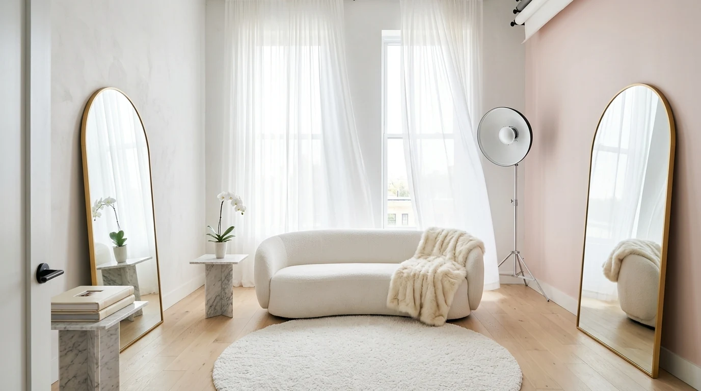 Modern minimalist boudoir photography studio with white bouclé sofa, arched gold-framed mirrors, sheer curtains, and professional beauty dish