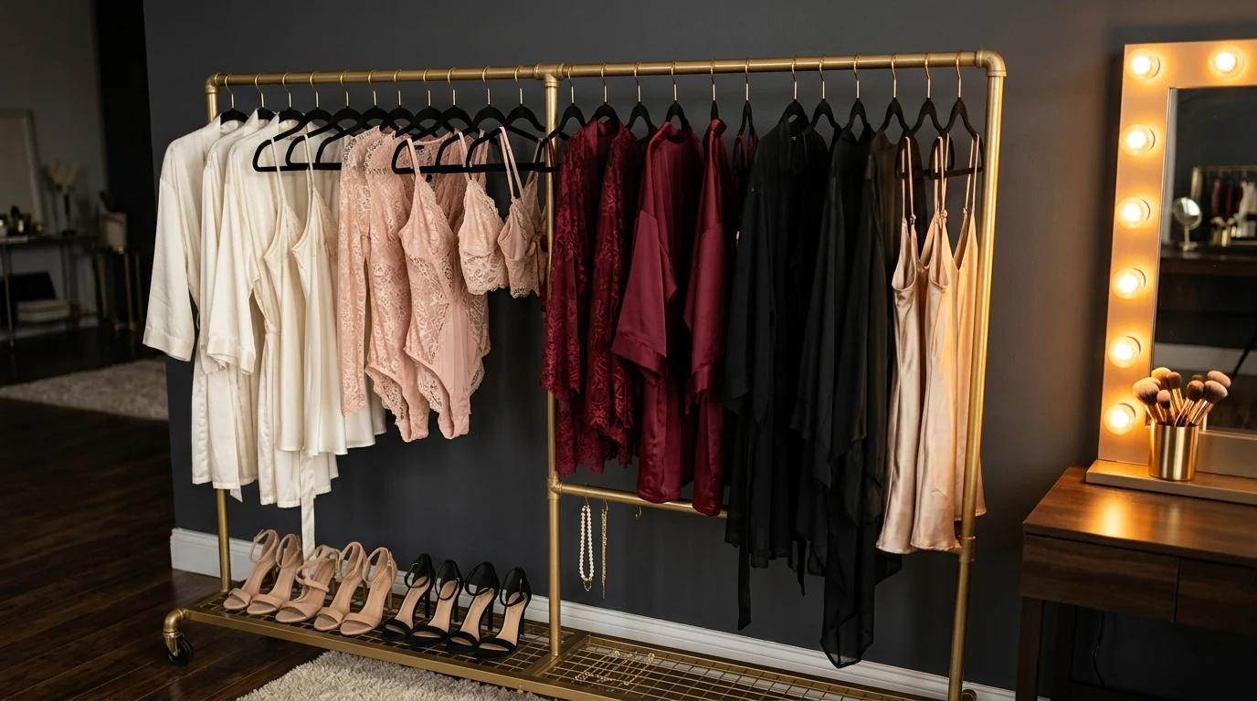 Luxury boudoir client wardrobe closet with gold garment rack, silk robes organized by color from ivory to burgundy to black, heels, and Hollywood vanity mirror