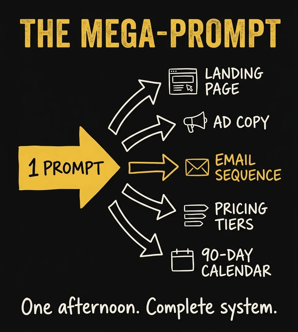 Mega-Prompt infographic — one prompt fans out to landing page, ad copy, email sequence, pricing tiers, and 90-day calendar