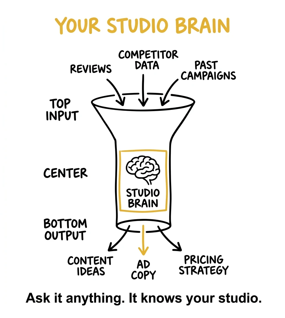 Studio Brain infographic — funnel from reviews, competitor data, and past campaigns through the Studio Brain to content ideas, ad copy, and pricing strategy