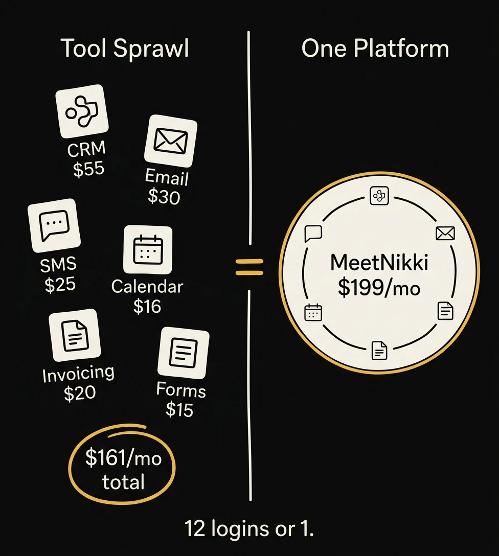 infographic: tool sprawl at $161 per month vs one platform MeetNikki at $199 per month