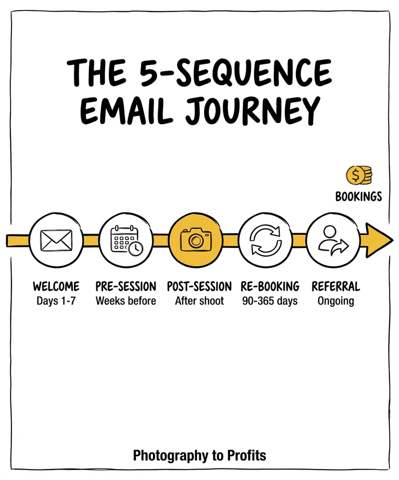 The 5-sequence email journey for photographers: Welcome, Pre-Session, Post-Session, Re-Booking, and Referral sequences