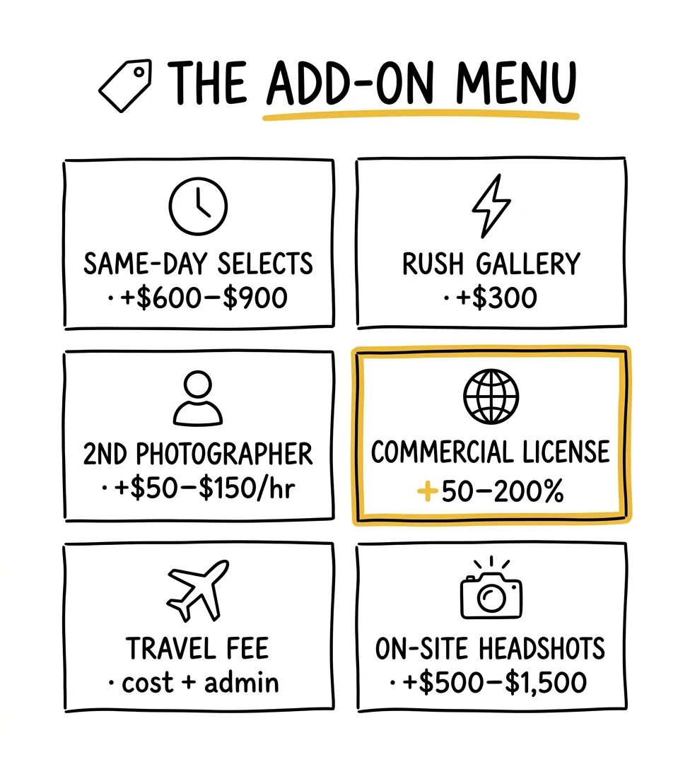 Event photography add-on menu infographic showing upcharges including same-day selects, rush delivery, and commercial licensing