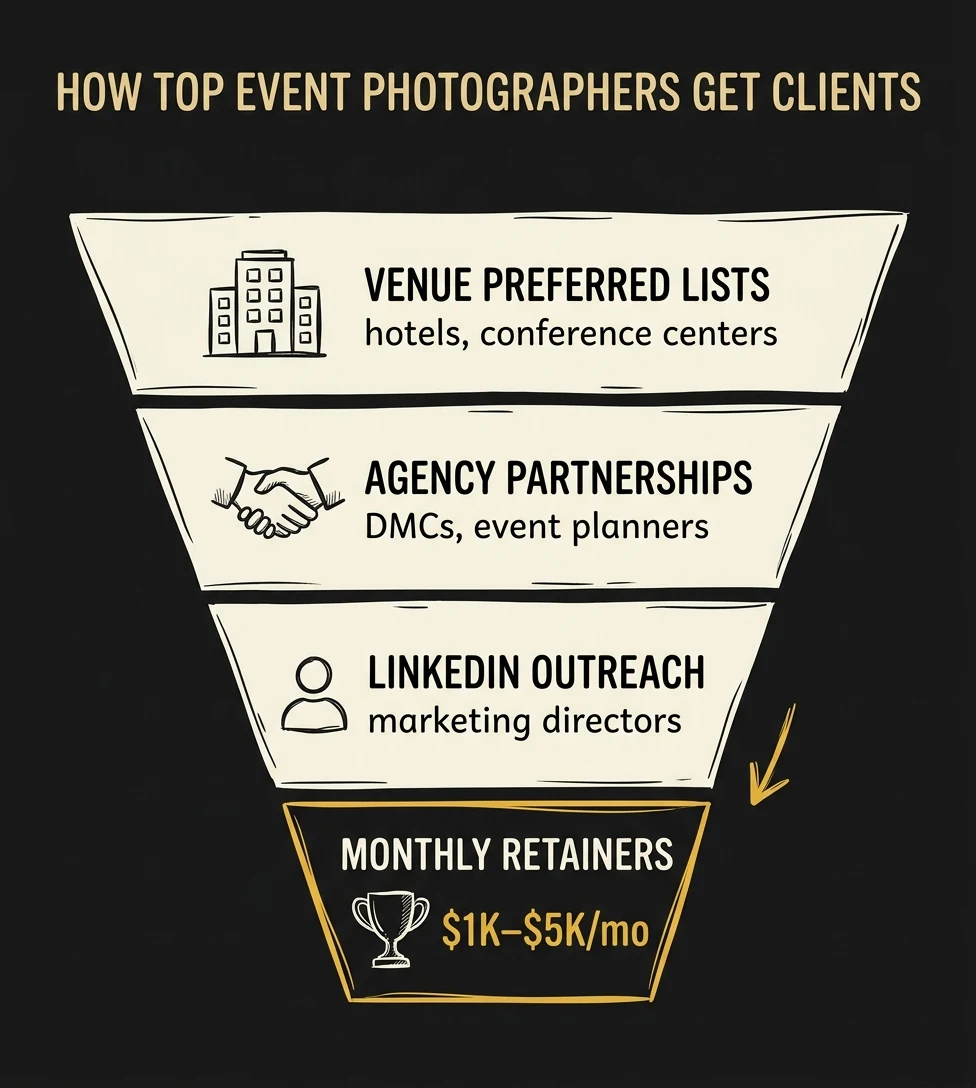 Client acquisition funnel infographic showing venue lists, agency partnerships, LinkedIn, and retainers