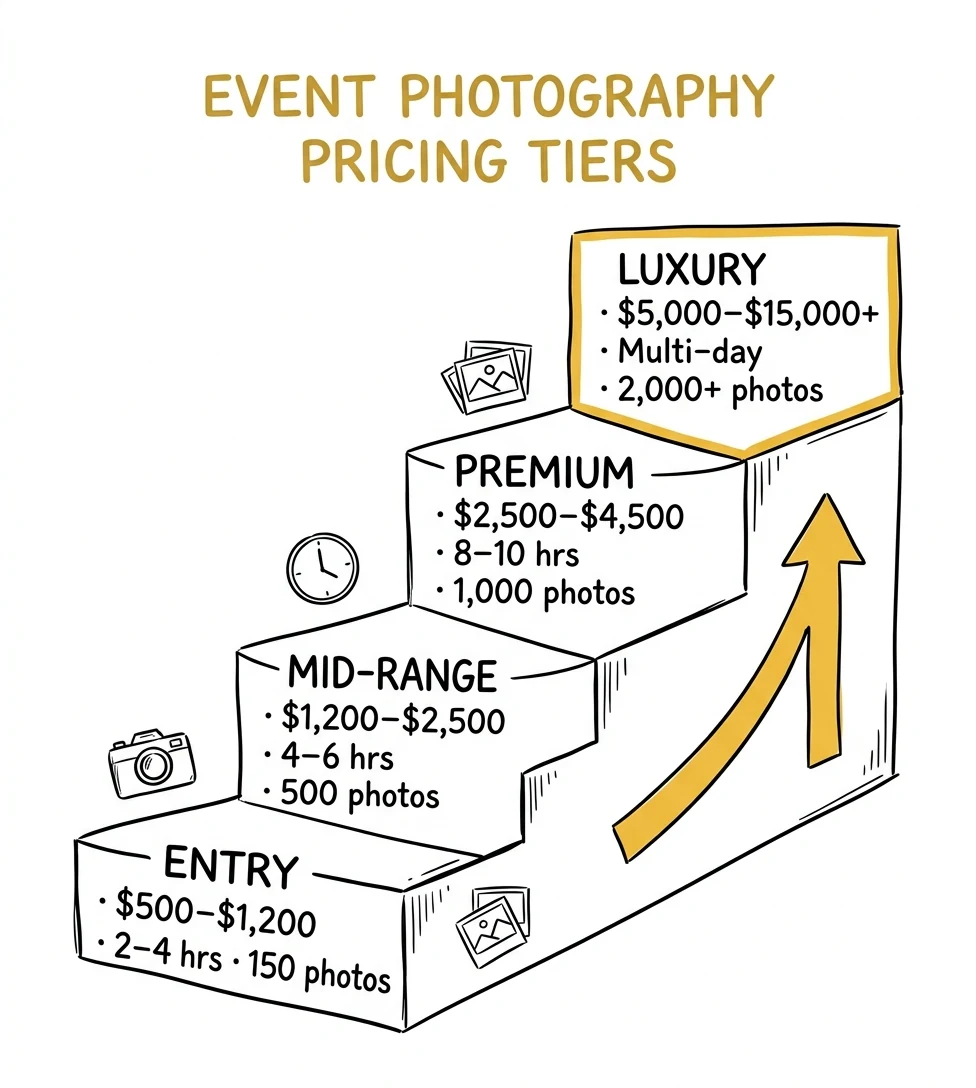Event photography pricing tiers infographic showing entry through luxury levels with hours and deliverables