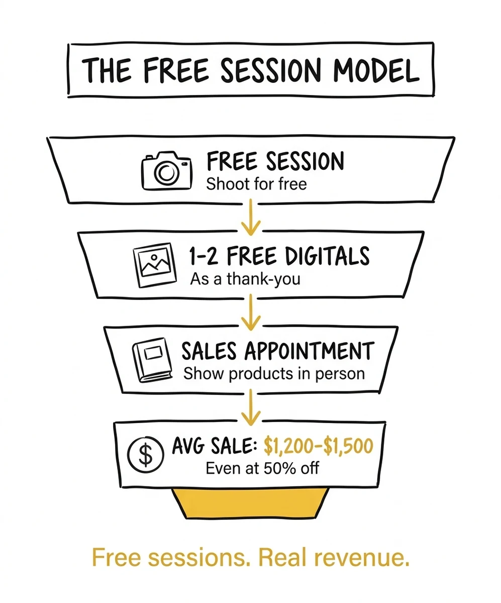 The Free Session Model infographic showing funnel from free session to 1-2 free digitals to sales appointment to average sale of $1,200-$1,500