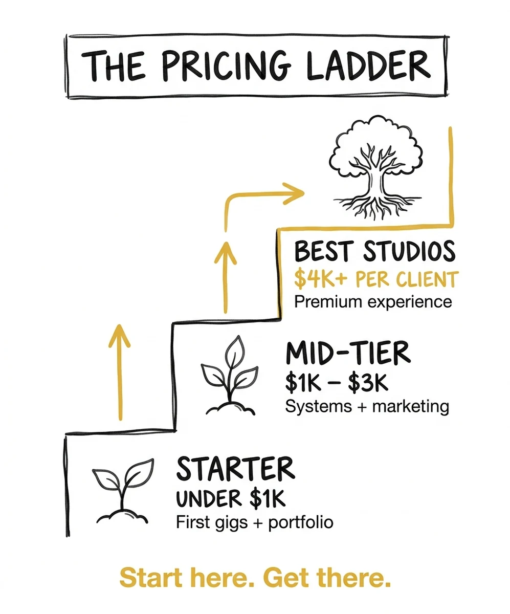 The Pricing Ladder infographic showing photography pricing tiers from starter under 1K to best studios at 4K+ per client