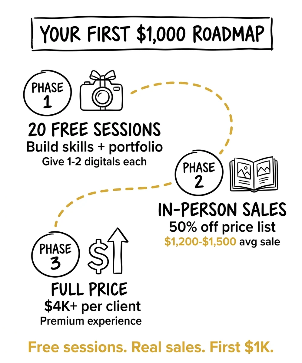 Your First $1,000 Roadmap infographic showing 3 phases: 20 free sessions, in-person sales at 50% off, then full price at $4K+ per client