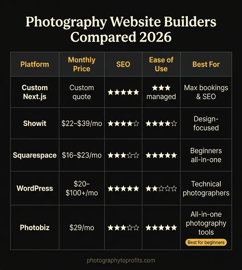 Photography website builders compared 2026 — comparison chart showing platform, price, SEO, ease of use, and best for