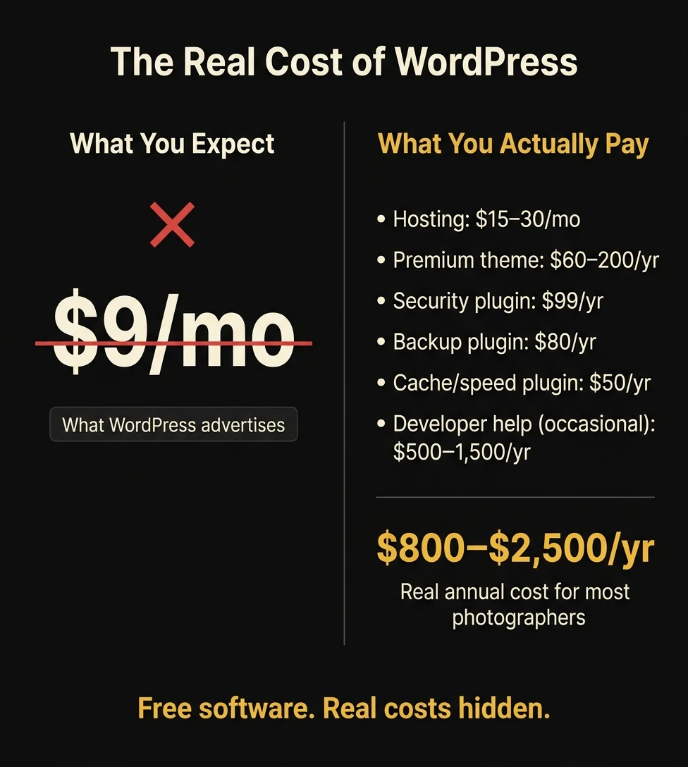 The real cost of WordPress for photographers — infographic showing hidden costs vs advertised price