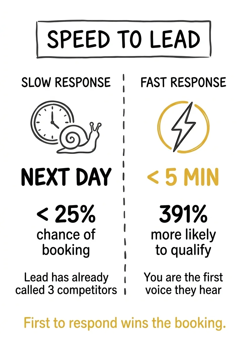 Speed to lead infographic — respond in under 5 minutes vs next day for Google Ads photography leads