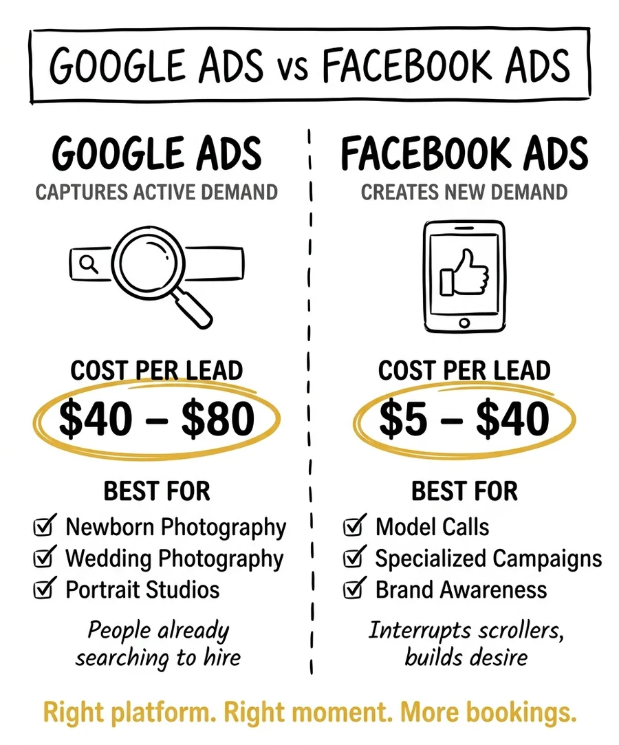 Google Ads vs Facebook Ads for photographers: cost per lead and best use cases side by side