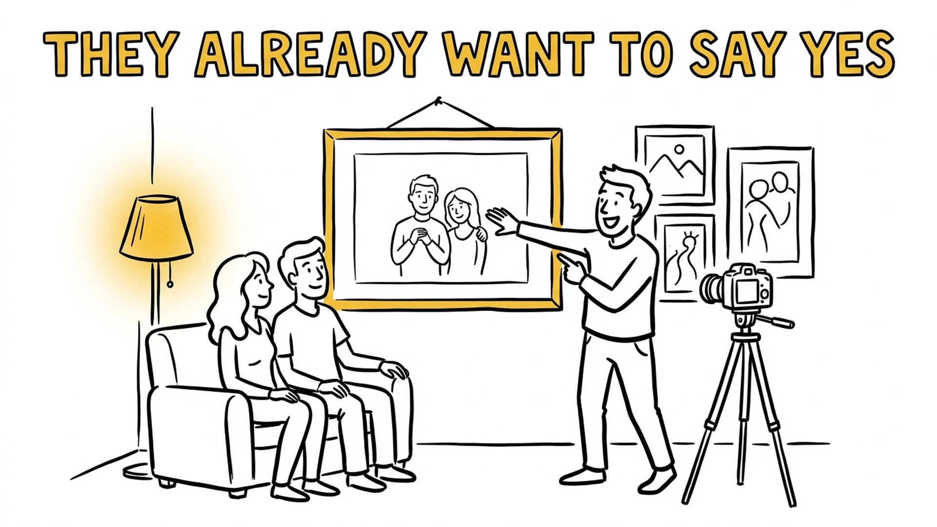 Photographer presenting a large wall print to a client during an in-person sales photography session