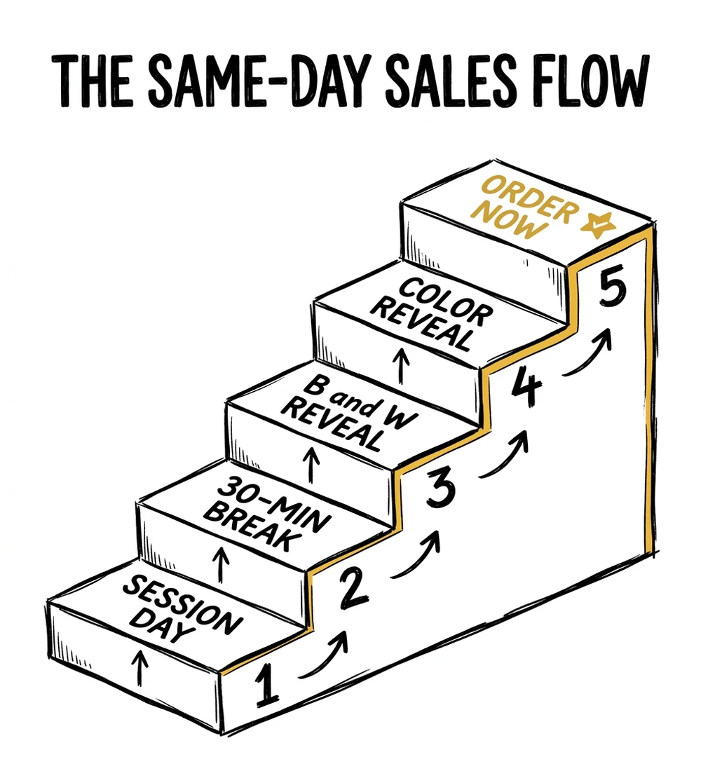 The same-day sales flow for in-person sales photography: 5 steps from session day to order