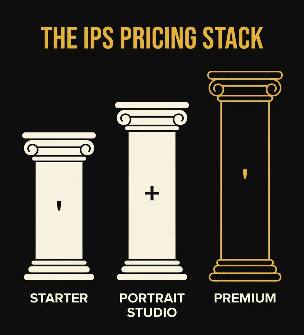 Average Order Value Stack showing three tiers: prints at $200, canvas at $500, gallery wall packages at $1,200+