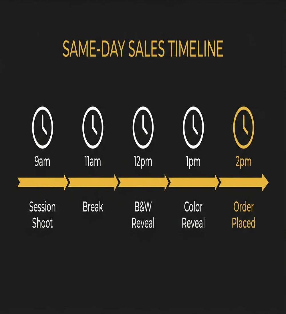 Same-Day Sales Timeline: 9am session, 11am break, 12pm B&W reveal, 1pm color reveal, 2pm order
