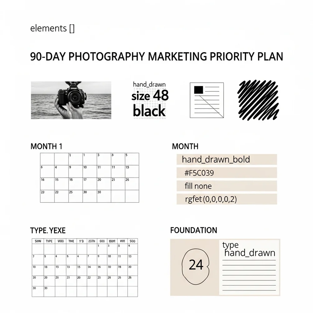 90-day photography marketing priority plan — Month 1 foundation, Month 2 scale, Month 3 optimize