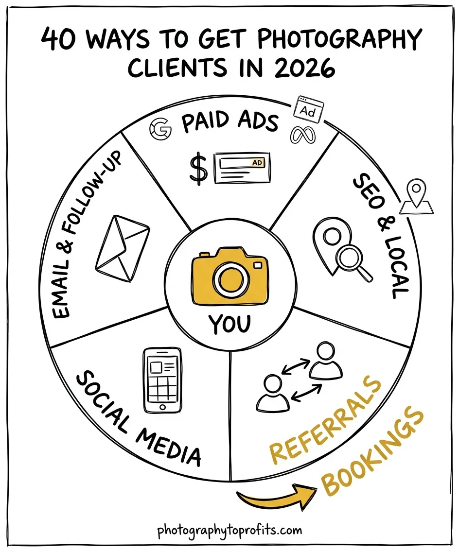 Photography client acquisition channels wheel — five paths to a full calendar