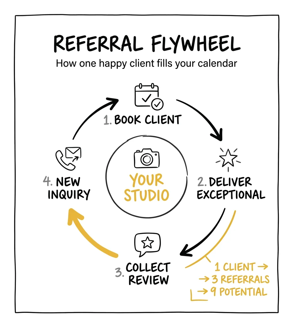 Photography referral flywheel — one happy client becomes three referrals becomes nine potential bookings