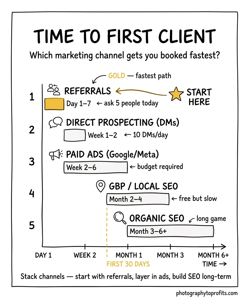 Time to get first photography clients by marketing channel — fastest to slowest