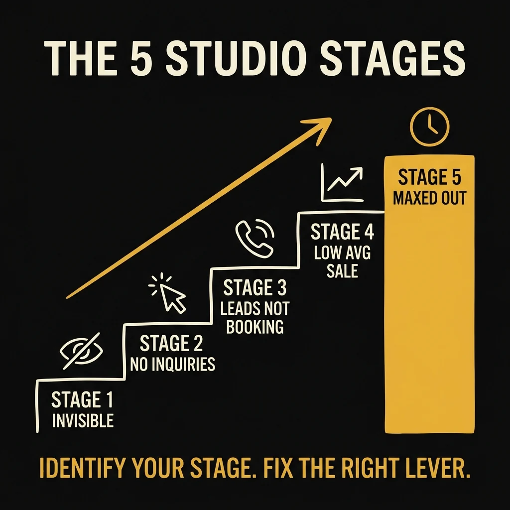infographic of the 5 stages every photography studio goes through from invisible to maxed out