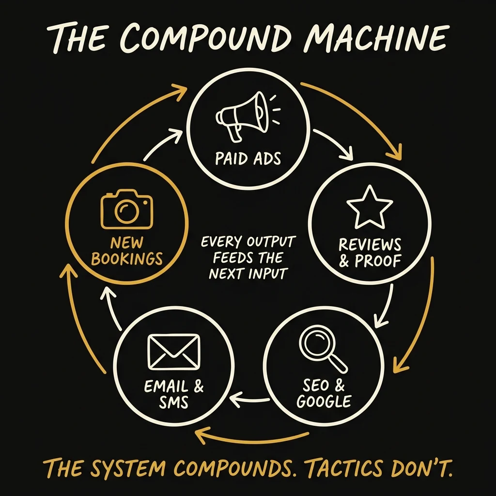 infographic of the photography marketing compound machine flywheel: paid ads, reviews, SEO, email, bookings