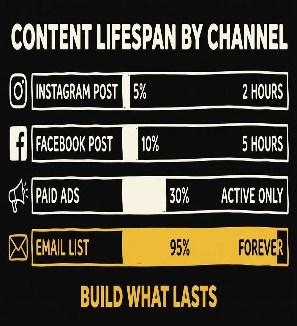 Content lifespan by channel: Instagram 2 hours, Facebook 5 hours, paid ads active only, email list forever