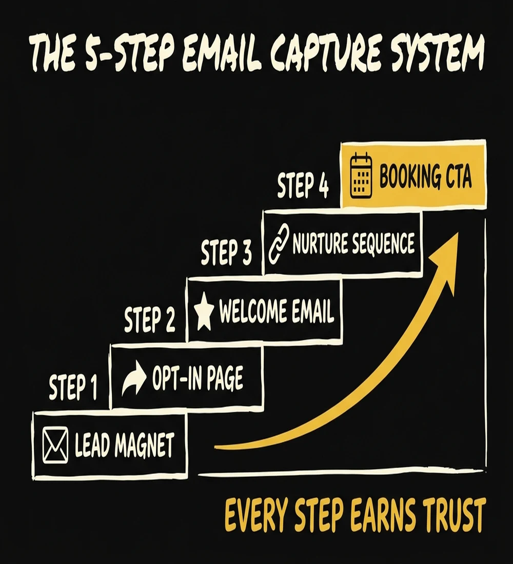5-step email capture system for photography studios — lead magnet to opt-in to welcome email to nurture to booking