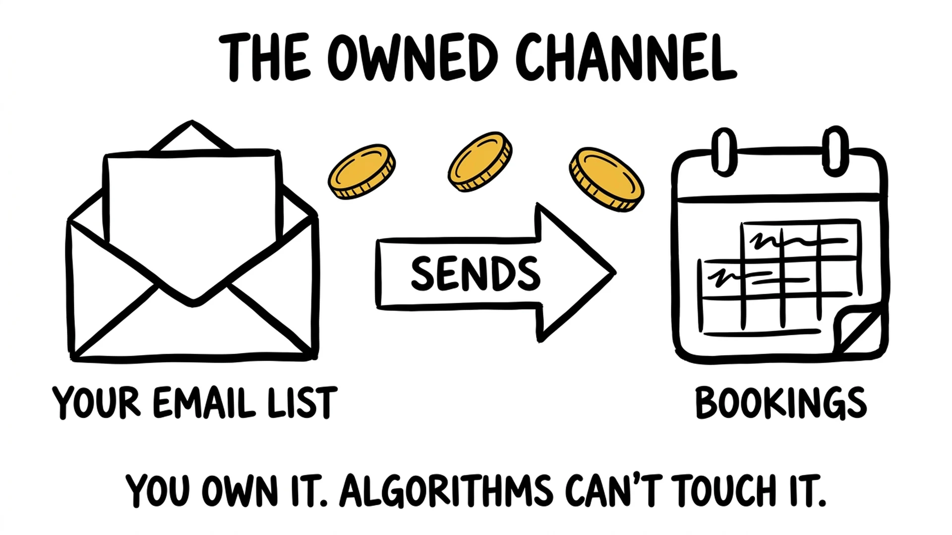 Email list as the owned channel for photographers — inbox to bookings revenue flow diagram