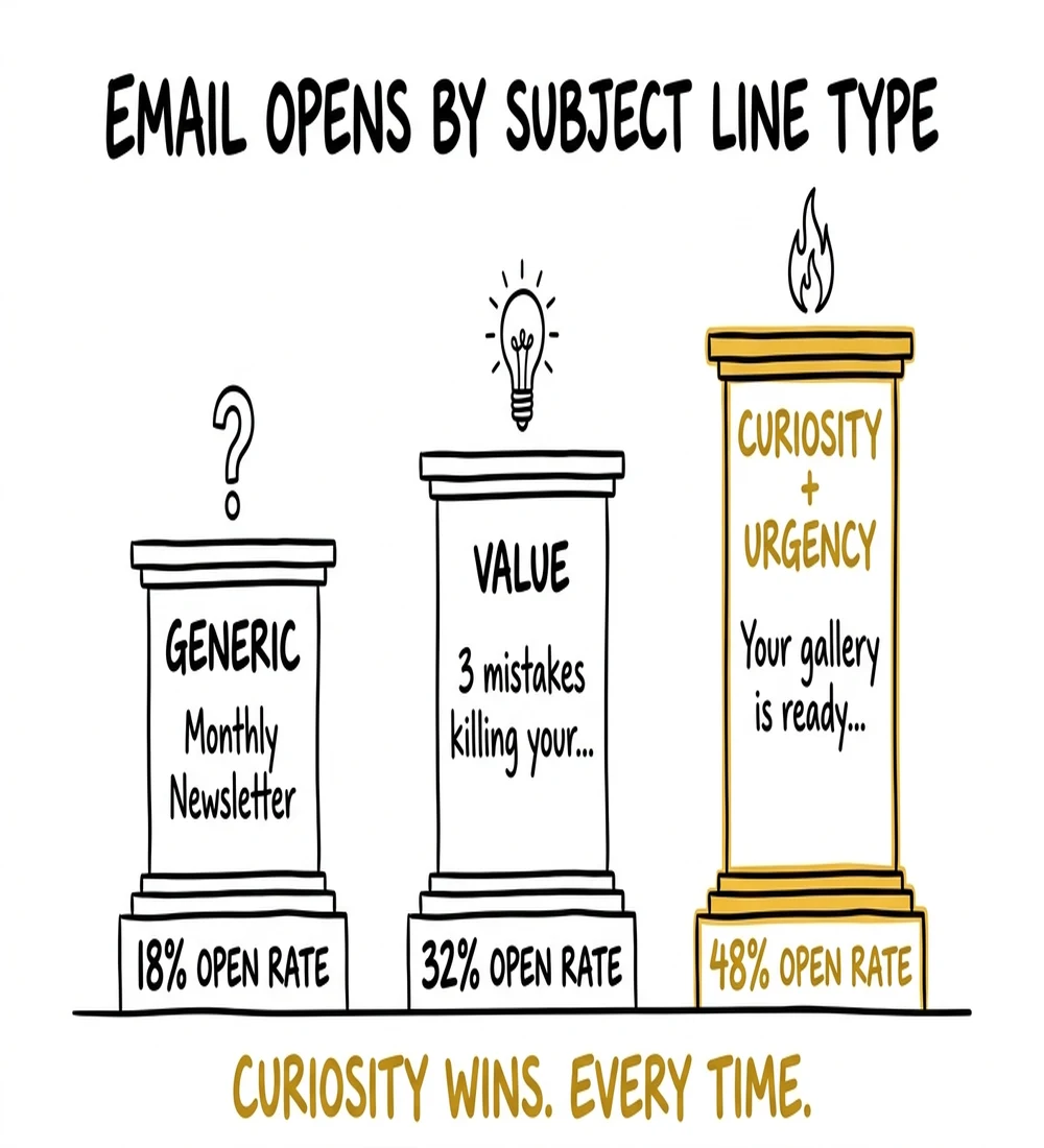 Email open rates by subject line type: Generic 18%, Value 32%, Curiosity and urgency 48%
