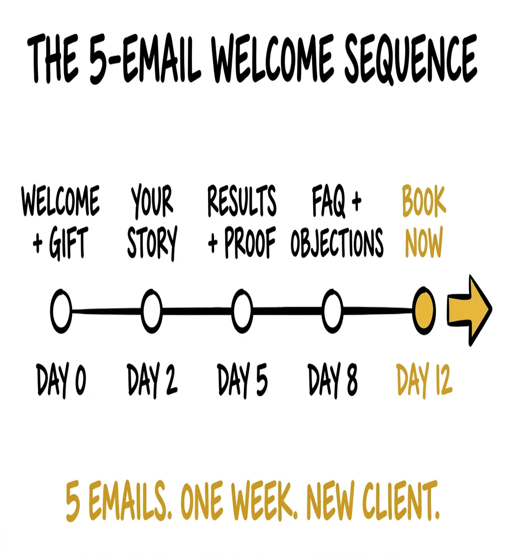 5-email welcome sequence for photographers — Day 0 welcome, Day 2 story, Day 5 results, Day 8 FAQ, Day 12 Book Now