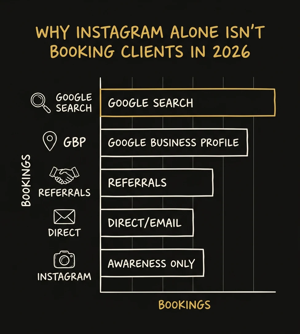Why Instagram alone isn't booking photography clients — channel comparison chart showing Google Search and GBP convert at higher rates