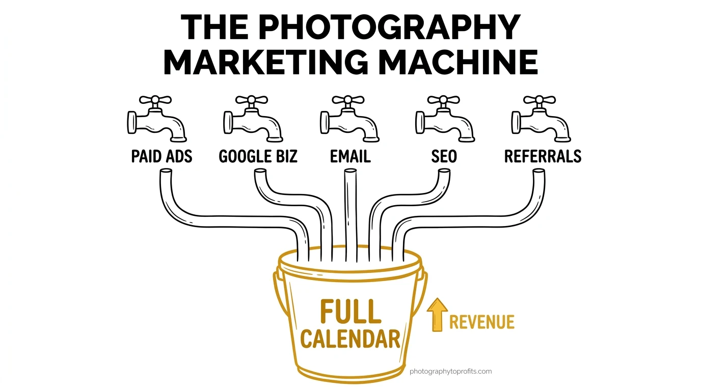The photography marketing machine — 5 channels feeding into one full calendar