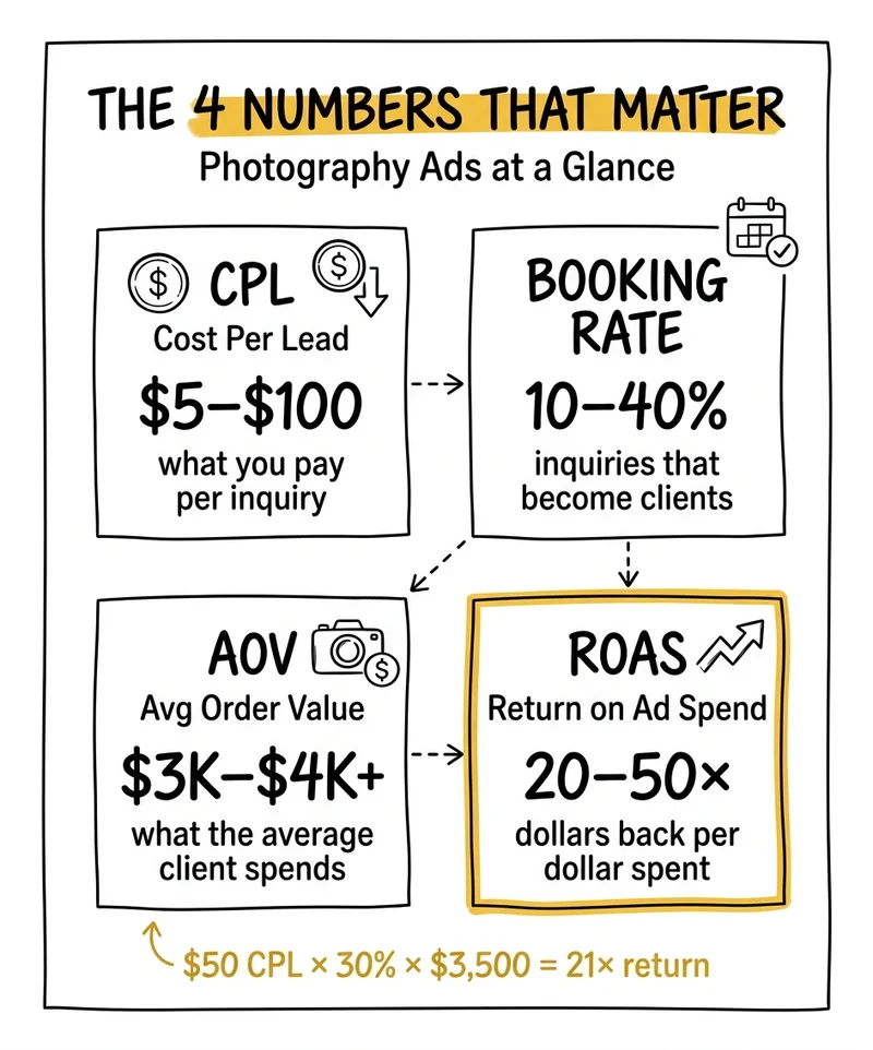 The 4 numbers that matter in photography advertising — CPL, booking rate, AOV, ROAS