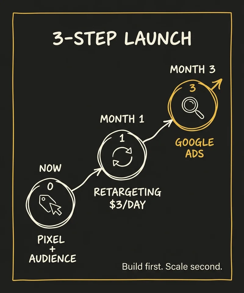 Photography advertising launch timeline — 90-day sequence from pixel install to profitable ads
