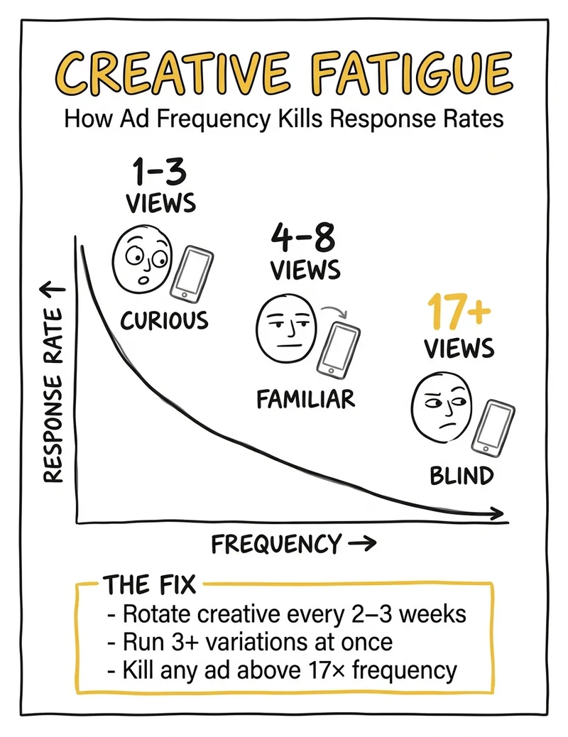 Creative fatigue in photography advertising — ad frequency curve showing response drops to zero at 17x views