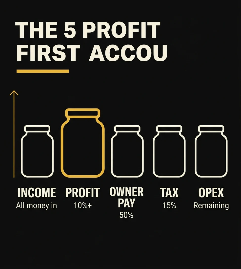 The 5 Profit First Accounts for photographers: Income, Profit, Owner Pay, Tax, Operating Expenses