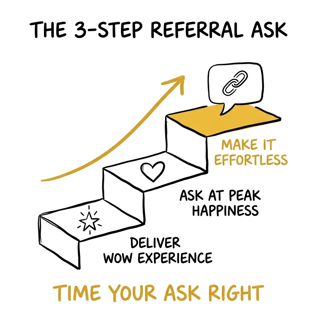 The 3-Step Referral Ask staircase for photographers — deliver wow, ask at peak happiness, make it effortless